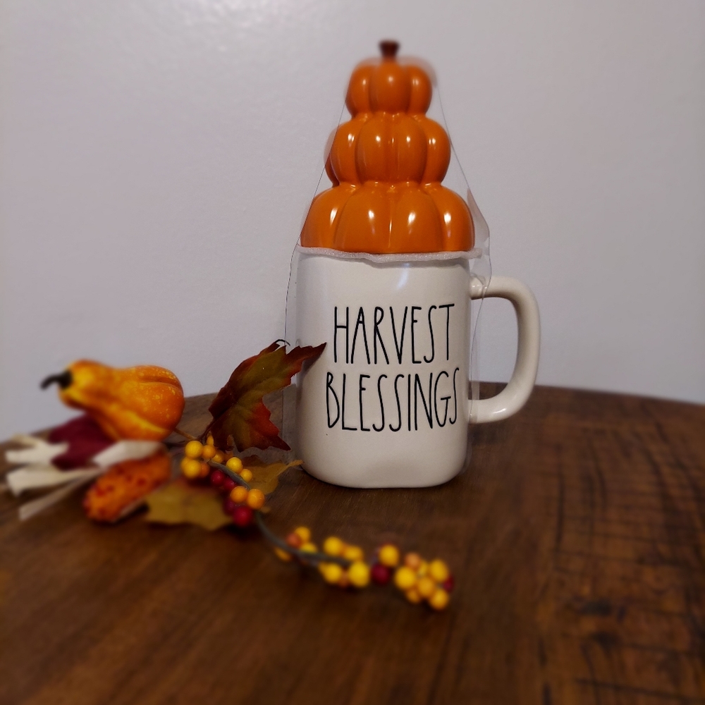 Rae Dunn Harvest Blessings mug with topper